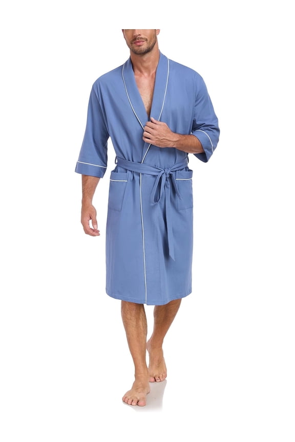 Mens 100% Cotton Short Robes Lightweight Kimono Bathrobe Soft Knee Length Robe with Pockets (Blue, L)