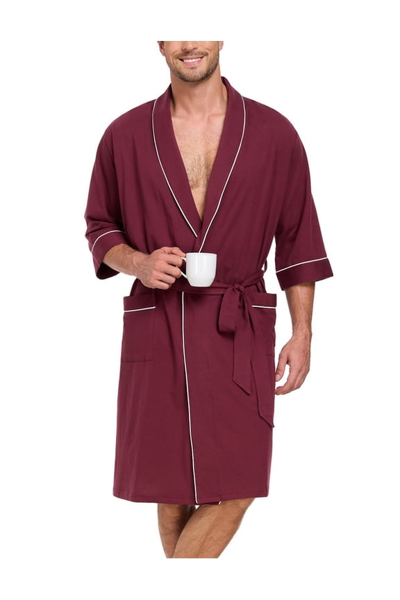 Mens 100% Cotton Short Robes Summer Lightweight Kimono Bathrobe Soft Knee Length Robe with Pockets (Burgundy, L)