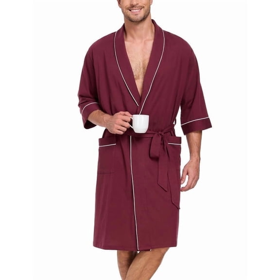ANLIQI Mens 100% Cotton Short Robes Lightweight Kimono Bathrobe Soft Knee Length Robe with Pockets (Burgundy, M)