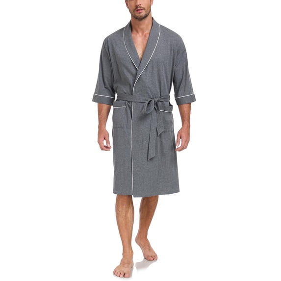 ANLIQI Mens 100% Cotton Short Robes Summer Lightweight Kimono Bathrobe Soft Knee Length Robe with Pockets (Dark Grey, 2XL)