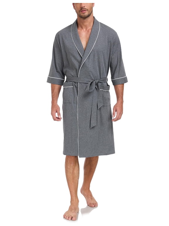 Mens 100% Cotton Short Robes Summer Lightweight Kimono Bathrobe Soft Knee Length Robe with Pockets (Dark Grey, L)