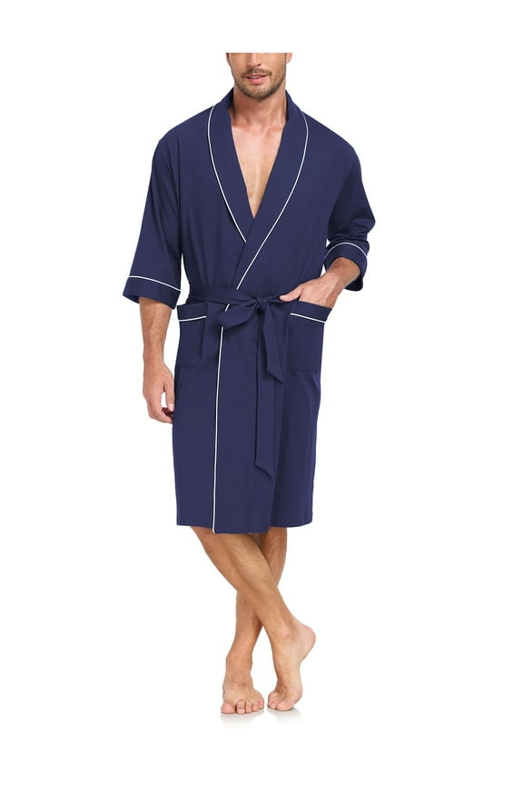Mens 100% Cotton Short Robes Summer Lightweight Kimono Bathrobe Soft Knee Length Robe with Pockets (Navy Blue, L)