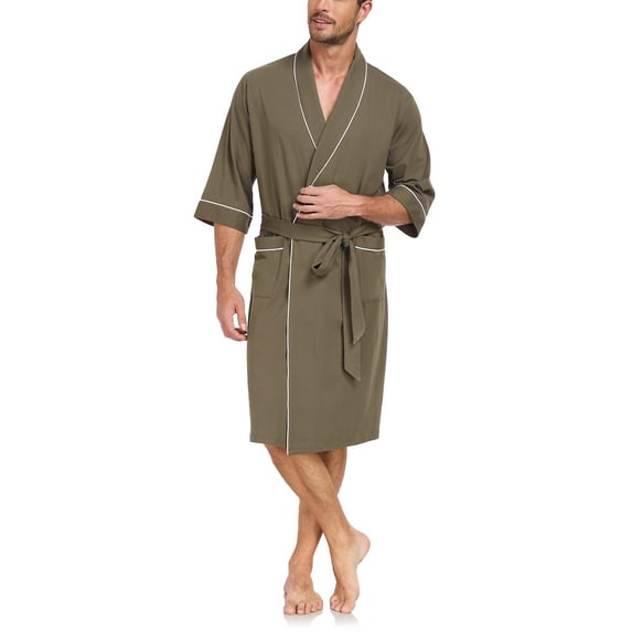 ANLIQI Mens 100% Cotton Short Robes Summer Lightweight Kimono Bathrobe Soft Knee Length Robe with Pockets (Olive Green, 2XL)