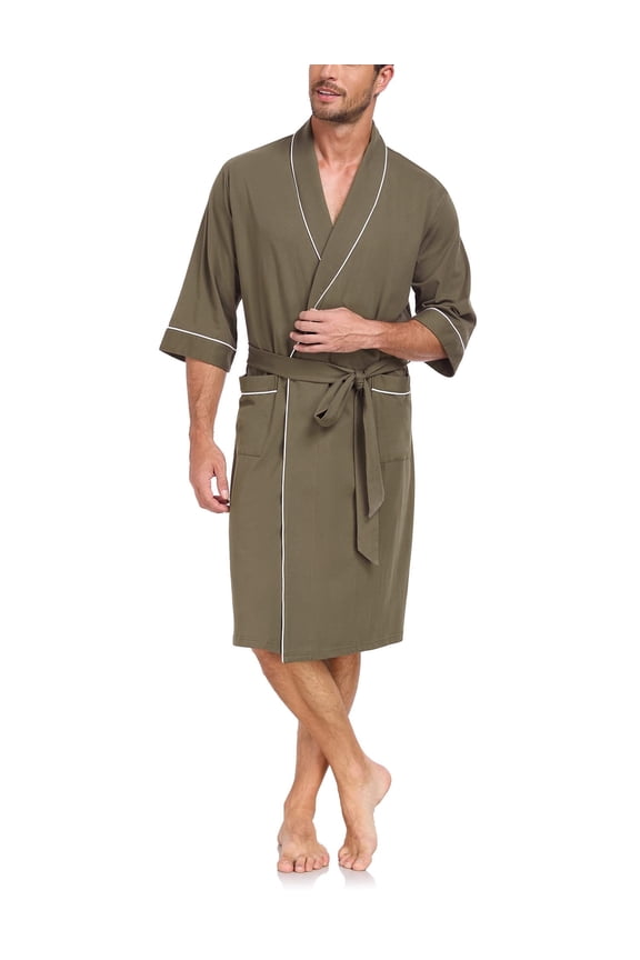 Mens 100% Cotton Short Robes Lightweight Kimono Bathrobe Soft Knee Length Robe with Pockets (Olive Green, L)