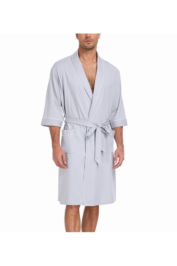 Mens 100% Cotton Short Robes Summer Lightweight Kimono Bathrobe Soft Knee Length Robe with Pockets (Silver White, L)