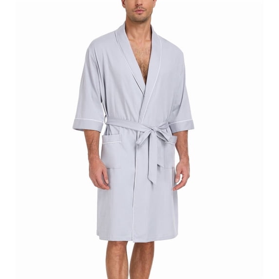 ANLIQI Mens 100% Cotton Short Robes Summer Lightweight Kimono Bathrobe Soft Knee Length Robe with Pockets (Silver White, M)