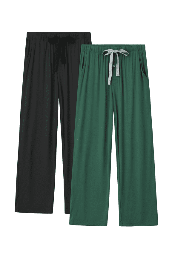 Mens Pajama Pants Rayon Made from Bamboo Soft Comfy Lounge Bottoms with Pockets 2 Pack (Black&Army Green, L)