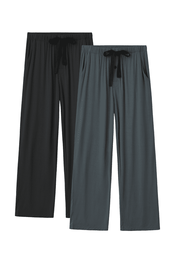 Mens Pajama Pants Rayon Made from Bamboo Soft Comfy Lounge Bottoms with Pockets 2 Pack (Black&Dark Gray, L)