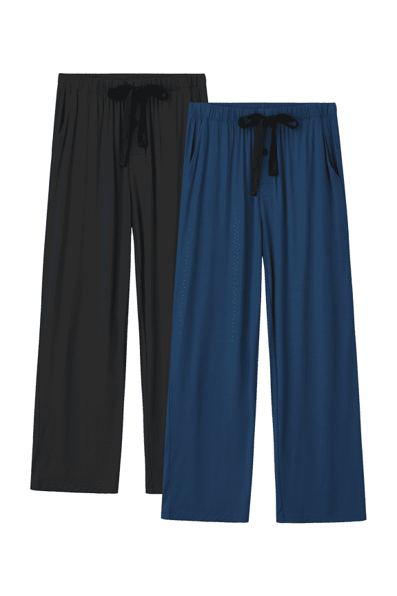 Mens Pajama Pants Rayon Made from Bamboo Soft Comfy Lounge Bottoms with Pockets 2 Pack (Black&Navy Blue, M)