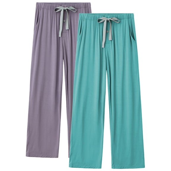 ANLIQI Mens Pajama Pants Rayon Made from Bamboo Soft Comfy Lounge Bottoms with Pockets 2 Pack (Lilac Grey&Gree, L)