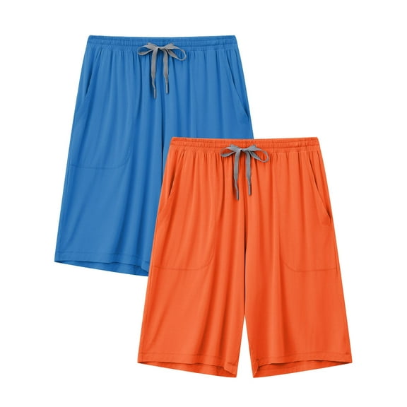 ANLIQI Mens Pajama Shorts Bamboo Rayon Lightweight Sleep Shorts Lounge Wear Pajama Pants with Drawstring Pockets 2 Pack(Bright Blue&Orange,2X-Large)