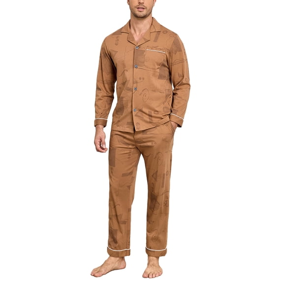 ANLIQI Mens Pajamas Set 100% Cotton Long Sleeve Sleepwear Pajamas for Men Notched Collar Loungewear Pjs with Pockets(Yellow XL)