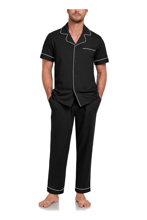 Mens Pajamas Set 100% Cotton Soft Button Pajamas for Men Short Sleeve Sleepwear 2 Piece Lounge Pjs Sets (Black,L)
