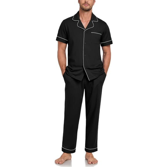ANLIQI Mens Pajamas Set 100% Cotton Soft Button Pajamas for Men Short Sleeve Sleepwear 2 Piece Lounge Pjs Sets (Black,M)