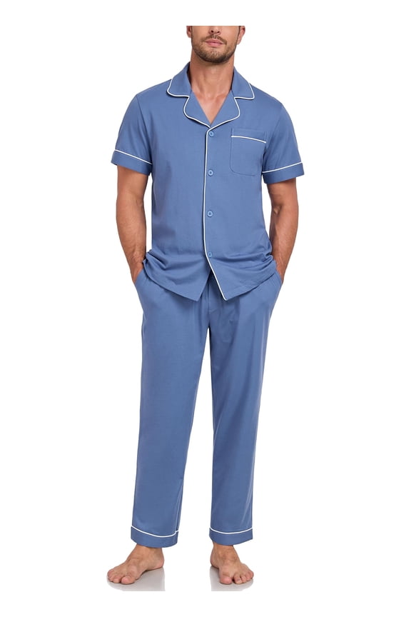 Mens Pajamas Set 100% Cotton Soft Button Pajamas for Men Short Sleeve Sleepwear 2 Piece Lounge Pjs Sets (Blue,XL)