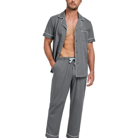 ANLIQI Mens Pajamas Set 100% Cotton Soft Button Pajamas for Men Short Sleeve Sleepwear 2 Piece Lounge Pjs Sets (Dark Gray,S)