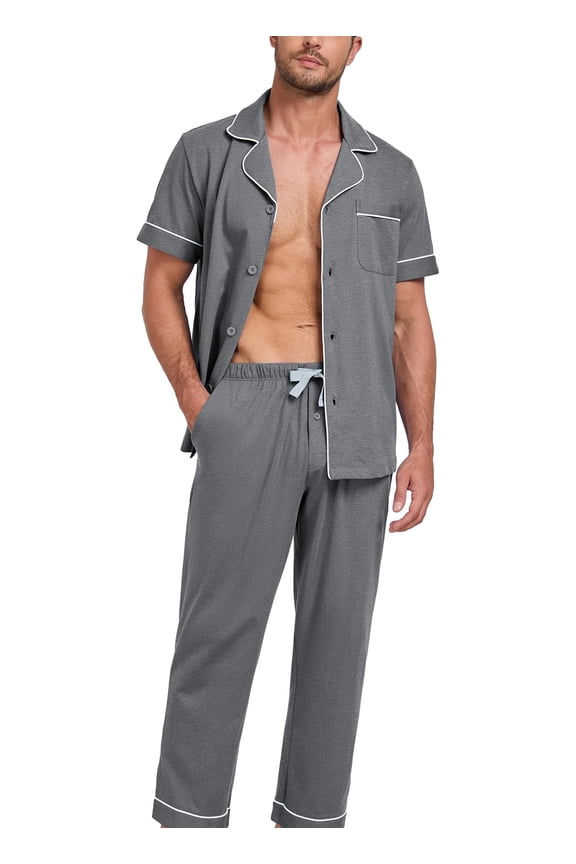 Mens Pajamas Set 100% Cotton Soft Button Pajamas for Men Short Sleeve Sleepwear 2 Piece Lounge Pjs Sets (Dark Gray,XL)