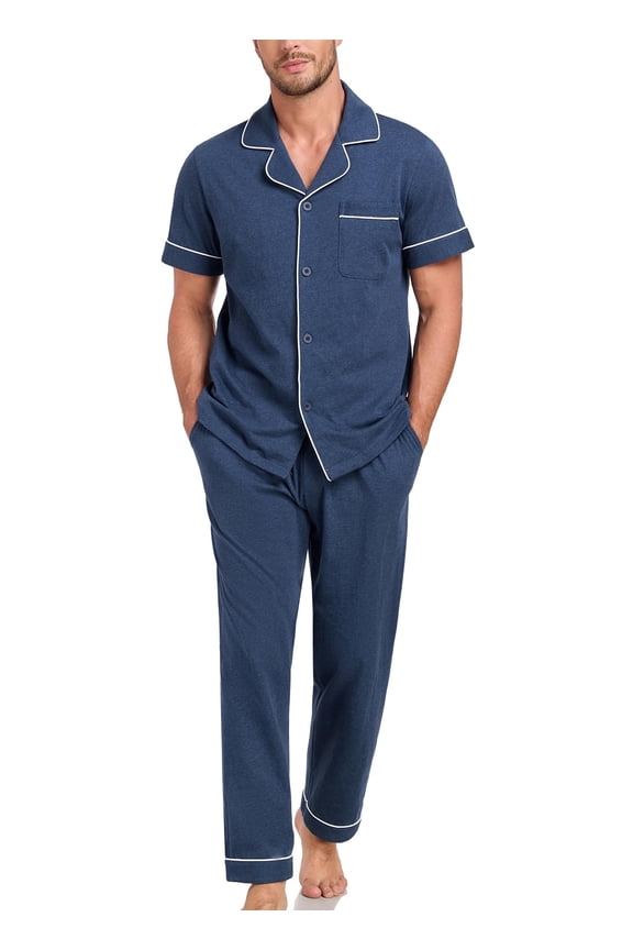 Mens Pajamas Set 100% Cotton Soft Button Pajamas for Men Short Sleeve Sleepwear 2 Piece Lounge Pjs Sets (Heather Navy,M)