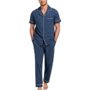 ANLIQI Mens Pajamas Set 100% Cotton Soft Button Pajamas for Men Short Sleeve Sleepwear 2 Piece Lounge Pjs Sets Heather Navy,M