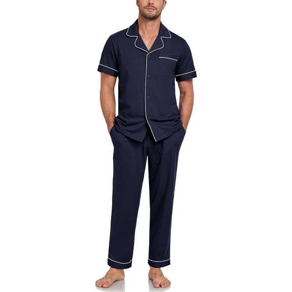ANLIQI Mens Pajamas Set 100% Cotton Soft Button Pajamas for Men Short Sleeve Sleepwear 2 Piece Lounge Pjs Sets (Navy Blue,L)