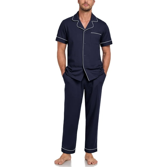 ANLIQI Mens Pajamas Set 100% Cotton Soft Button Pajamas for Men Short Sleeve Sleepwear 2 Piece Lounge Pjs Sets (Navy Blue,S)