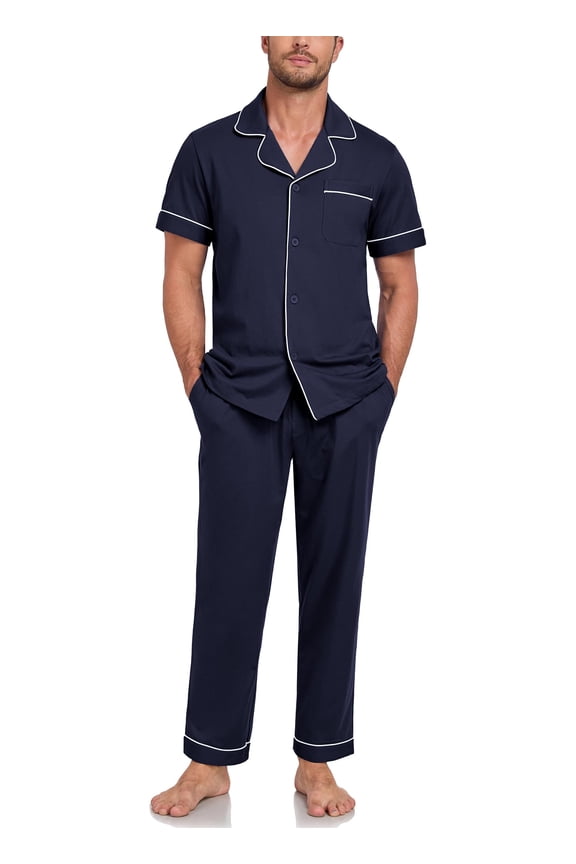 Mens Pajamas Set 100% Cotton Soft Button Pajamas for Men Short Sleeve Sleepwear 2 Piece Lounge Pjs Sets (Navy Blue,S)
