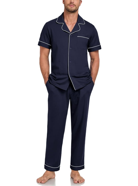 Mens Pajamas Set 100% Cotton Soft Button Pajamas for Men Short Sleeve Sleepwear 2 Piece Lounge Pjs Sets (Navy Blue,XL)