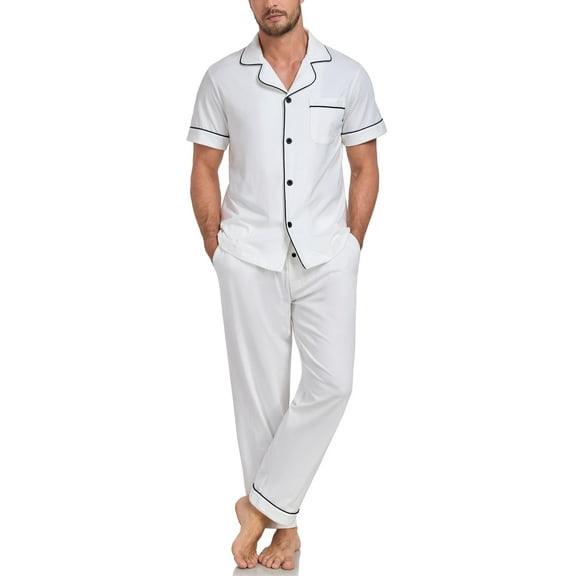 ANLIQI Mens Pajamas Set 100% Cotton Soft Button Pajamas for Men Short Sleeve Sleepwear 2 Piece Lounge Pjs Sets (White,L)