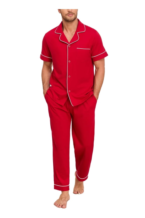 Mens Pajamas Set 100% Cotton Soft Button Pajamas for Men Short Sleeve Sleepwear 2 Piece Lounge Pjs Sets (Wine Red,M)