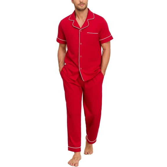 ANLIQI Mens Pajamas Set 100% Cotton Soft Button Pajamas for Men Short Sleeve Sleepwear 2 Piece Lounge Pjs Sets (Wine Red,XL)