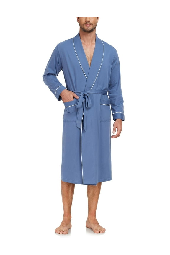 Mens Robe Lightweight 100% Cotton Summer Bathrobe Knit Long Sleeve Kimono Robe with Pockets (Blue, L)