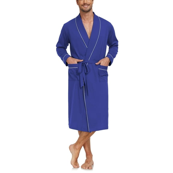 ANLIQI Mens Robe Lightweight 100% Cotton Summer Bathrobe Knit Long Sleeve Kimono Robe with Pockets (Cobalt Blue, L)