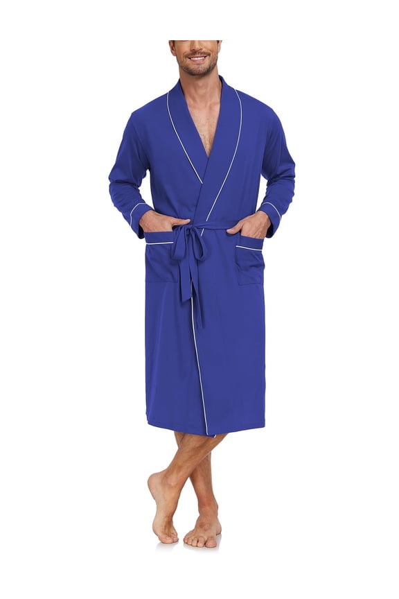 Mens Robe Lightweight 100% Cotton Summer Bathrobe Knit Long Sleeve Kimono Robe with Pockets (Cobalt Blue, L)