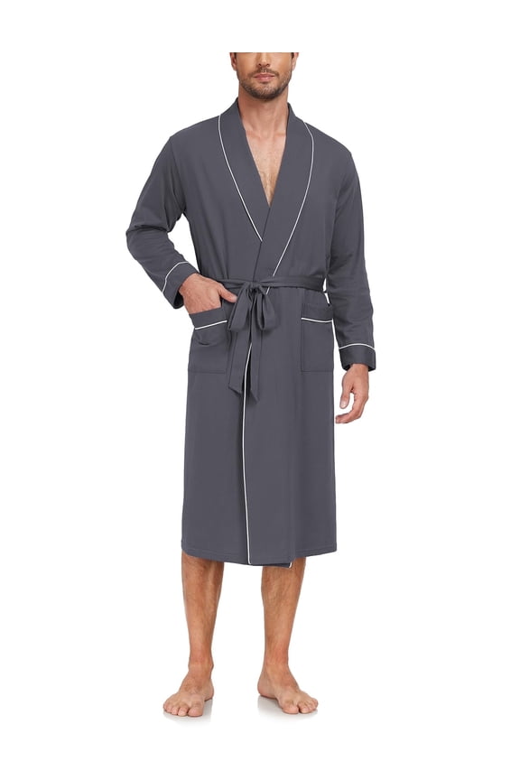 Mens Robe Lightweight 100% Cotton Summer Bathrobe Knit Long Sleeve Kimono Robe with Pockets (Iron Grey, L)