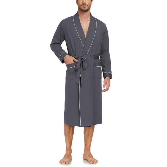 ANLIQI Mens Robe Lightweight 100% Cotton Summer Bathrobe Knit Long Sleeve Kimono Robe with Pockets (Iron Grey, M)