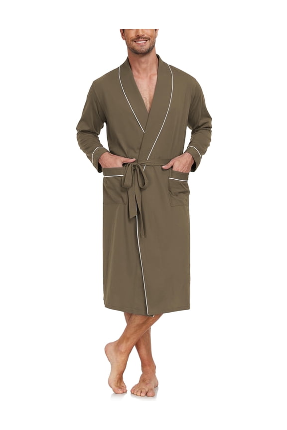 Mens Robe Lightweight 100% Cotton Summer Bathrobe Knit Long Sleeve Kimono Robe with Pockets (Olive Green, XL)