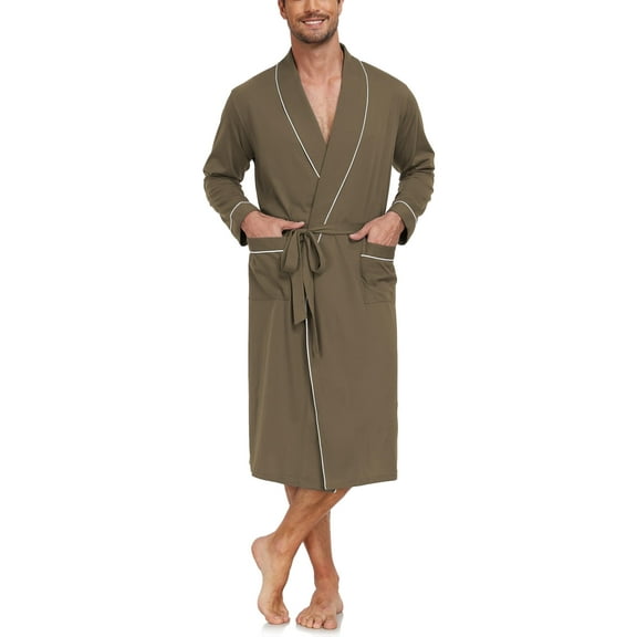 ANLIQI Mens Robe Lightweight 100% Cotton Summer Bathrobe Knit Long Sleeve Kimono Robe with Pockets (Olive Green, XL)