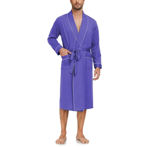 ANLIQI Mens Robe Lightweight 100% Cotton Summer Bathrobe Knit Long Sleeve Kimono Robe with Pockets (Purple, 2XL)