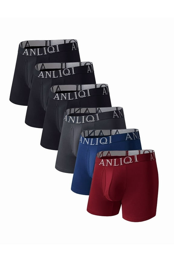 Mens Underwear Bamboo Rayon Boxer Briefs Breathable Underwear Long Leg Boxer Briefs for Men Pack with Fly Underpants(3Black 1Gray 1Navy 1Red,M)