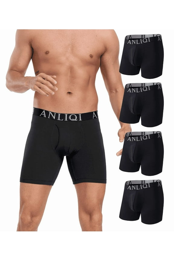 Mens Underwear Bamboo Rayon Boxer Briefs Breathable Underwear Long Leg Boxer Briefs for Men Pack with Fly Underpants(Black*4,L)