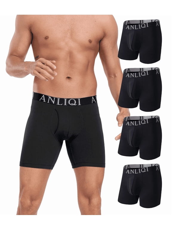 Mens Underwear Bamboo Rayon Boxer Briefs Breathable Underwear Long Leg Boxer Briefs for Men Pack with Fly Underpants(Black*4,XL)