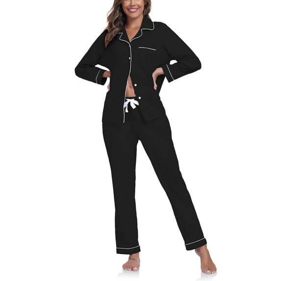 ANLIQI Women's 100% Cotton Long Sleeve Pajama Sets Button Down Notched Collar Sleepwear Soft Lounge Pjs with Pockets (Black,M)