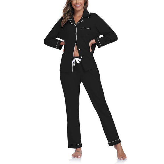 ANLIQI Women's 100% Cotton Long Sleeve Pajama Sets Button Down Notched Collar Sleepwear Soft Lounge Pjs with Pockets (Black,M)