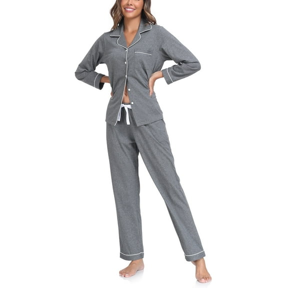 ANLIQI Women's 100% Cotton Long Sleeve Pajama Sets Button Down Notched Collar Sleepwear Soft Lounge Pjs with Pockets (Dark Grey,M)