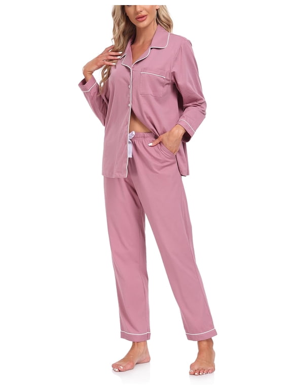 Women's 100% Cotton Long Sleeve Pajama Sets Button Down Notched Collar Sleepwear Soft Lounge Pjs with Pockets (Dusty Rose,S)
