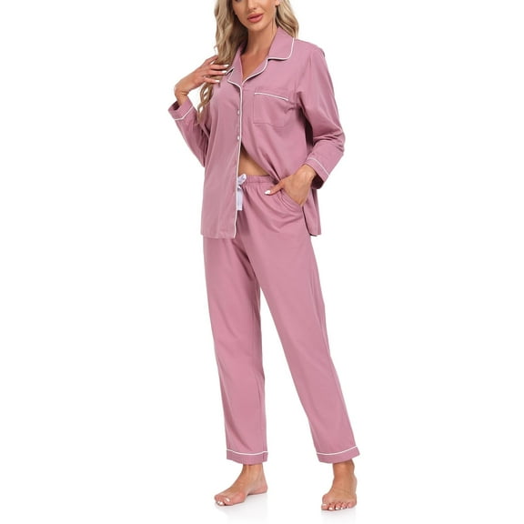 ANLIQI Women's 100% Cotton Long Sleeve Pajama Sets Button Down Notched Collar Sleepwear Soft Lounge Pjs with Pockets (Dusty Rose,XL)