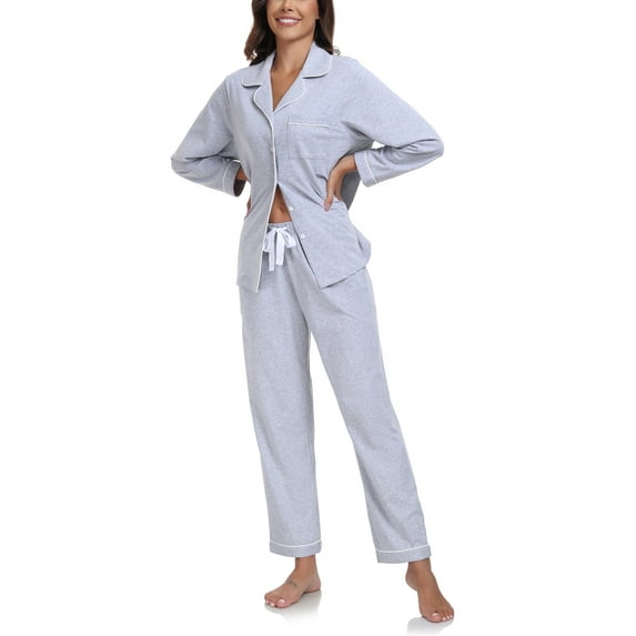 ANLIQI Women's 100% Cotton Long Sleeve Pajama Sets Button Down Notched Collar Sleepwear Soft Lounge Pjs with Pockets (Grey,XL)