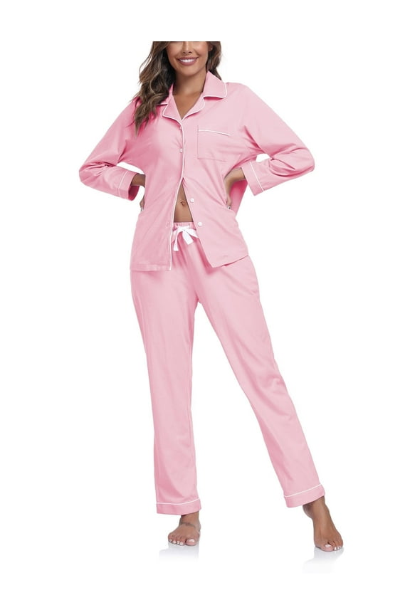Women's 100% Cotton Long Sleeve Pajama Sets Button Down Notched Collar Sleepwear Soft Lounge Pjs with Pockets (Pink,M)
