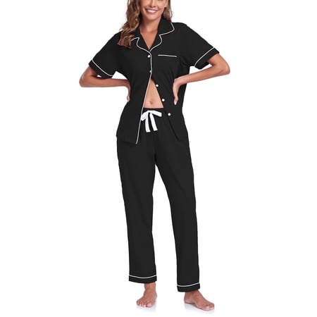 ANLIQI Women's 100% Cotton Pajama Set Button Down Short Sleeve Shirt and Long Pants Sleepwear Soft ladies Lounge Sets(Black, M)