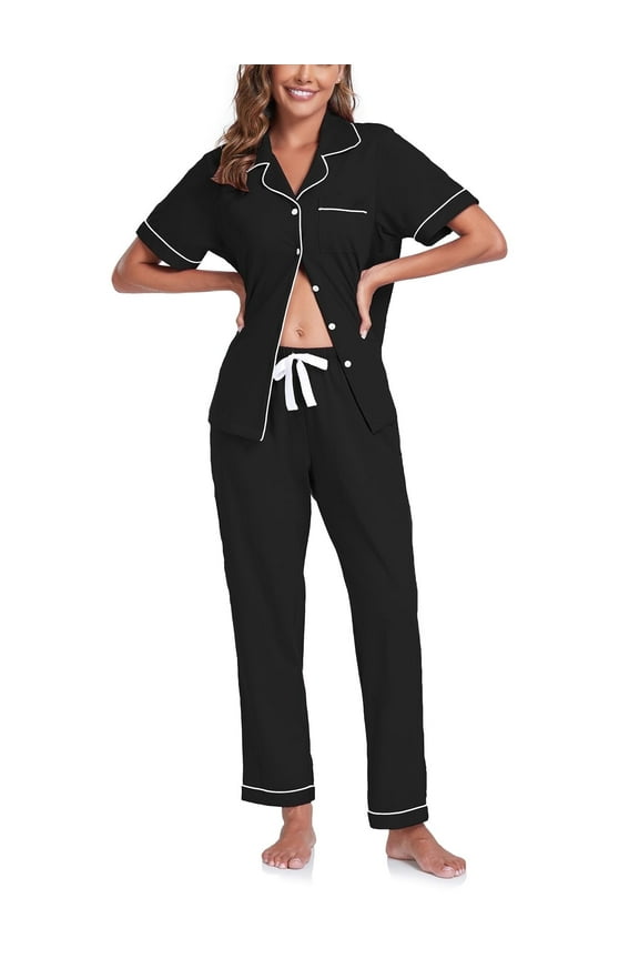 Women's 100% Cotton Pajama Set Button Down Short Sleeve Shirt and Long Pants Sleepwear Soft ladies Lounge Sets(Black, XL)